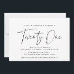 Invitation Typographie noir et blanc | Simple 21ème anniversa<br><div class="desc">Invitations modernes de 21ème anniversaire avec "vingt un" dans un script manuscrit. Conception minimaliste,  texte seulement avec police noire contrastée sur un arrière - plan blanc.</div>