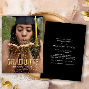 Invitation Typographie Noire et Or Photo Graduation Party