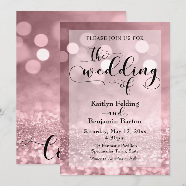 Invitation Typographie noire et Rose Parties scintillant or B (Devant / Derrière)