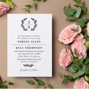 Invitation Typographie noire Laurel Wreath Monogramme Mariage