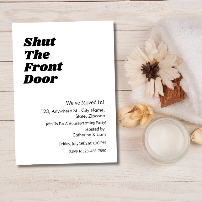 Invitation Typographie Noire moderne Funny Fête du réchauffem (modern, minimal,  typography shutthe frontdoor we have moved funny housewarming party invitation)