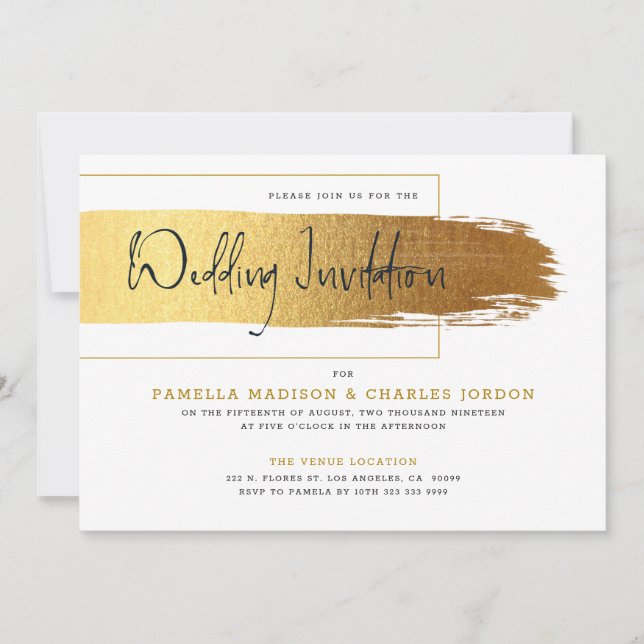 Invitation Typographie noire or moderne brushstroke (Devant)