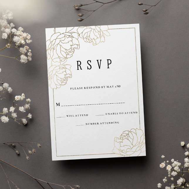 Invitation Typographie or blanc de luxe peony floral RSVP (Luxury white gold typography peony floral RSVP)