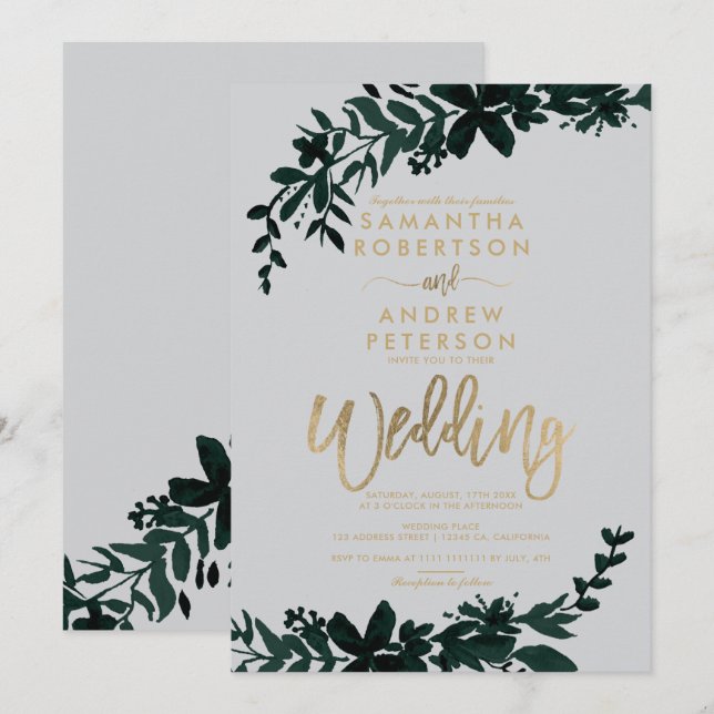 Invitation Typographie or chic Floral gris mariage (Devant / Derrière)