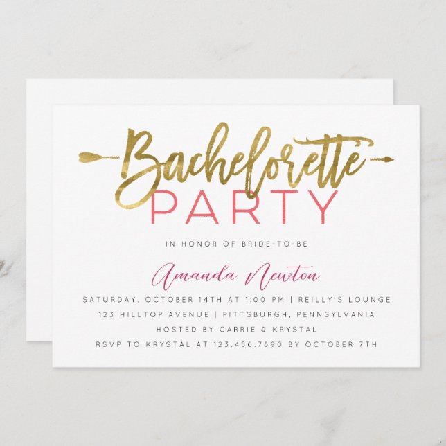 Invitation Typographie or et rose moderne Bachelorette (Devant / Derrière)