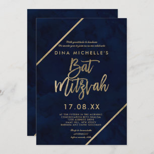 Invitation Typographie or marine bleu Bat mitzvah aquarelle