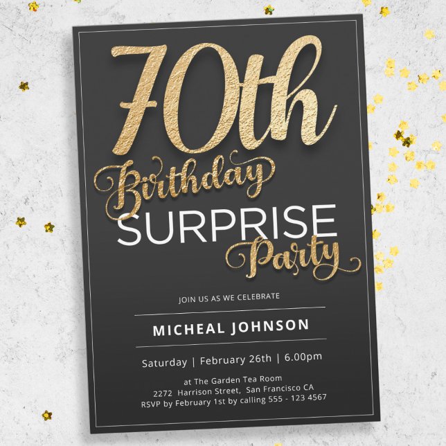 Invitation Typographie Or moderne Surprise 70e anniversaire (Mockup View)