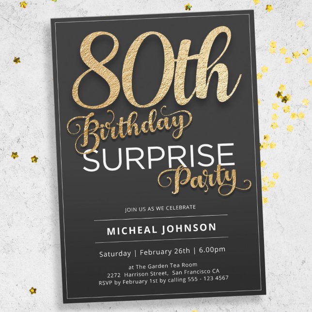 Invitation Typographie Or moderne Surprise 80e anniversaire (Mockup View)