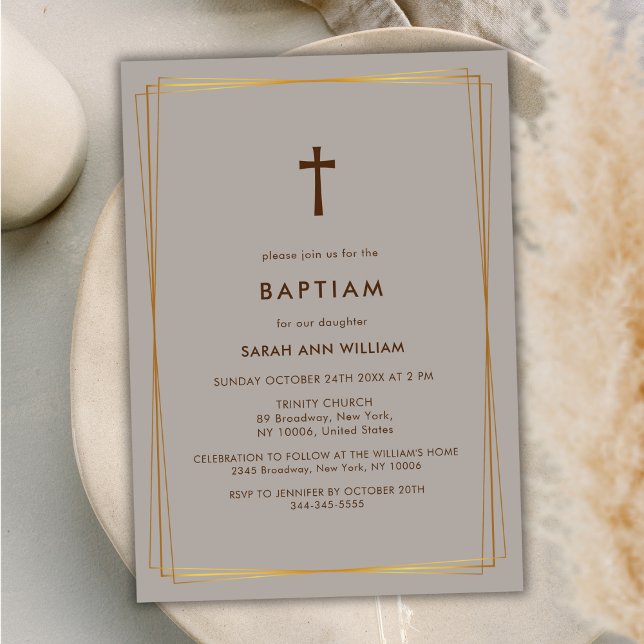 Invitation Typographie Or Neutre Élégante Croix Baptême (Neutral Elegant Gold Typography Cross Baptism Invitation)