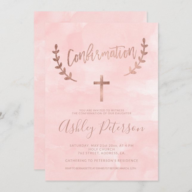 Invitation Typographie or rose couleur rose aquarelle confirm (Devant / Derrière)
