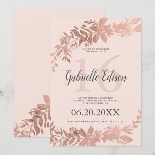 Invitation Typographie or rose Floral blush rose Sweet 16