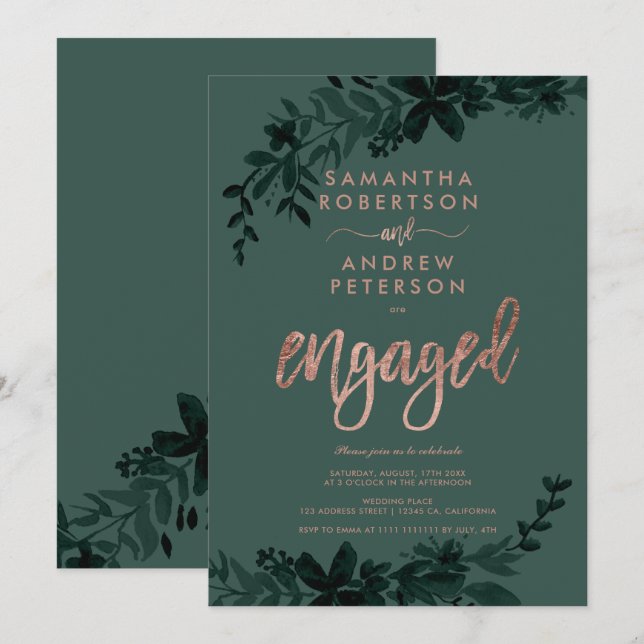 Invitation Typographie or rose Floral green fiançailles (Devant / Derrière)