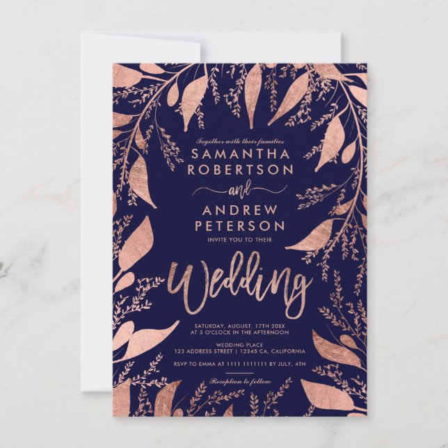 Invitation Typographie or rose floral marine bleu chic mariag (Devant)