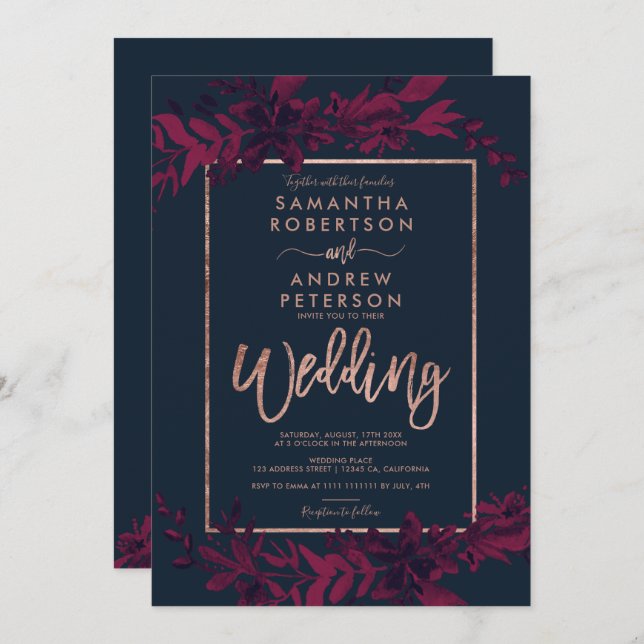 Invitation Typographie or rose Marine florale rouge mariage (Devant / Derrière)