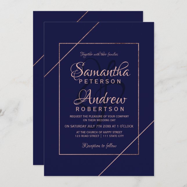 Invitation Typographie or rose moderne marine cadre mariage (Devant / Derrière)