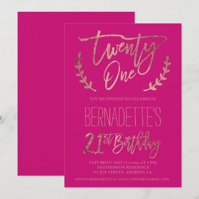 Invitation typographie or rose néon rose 21e anniversaire (Devant / Derrière)