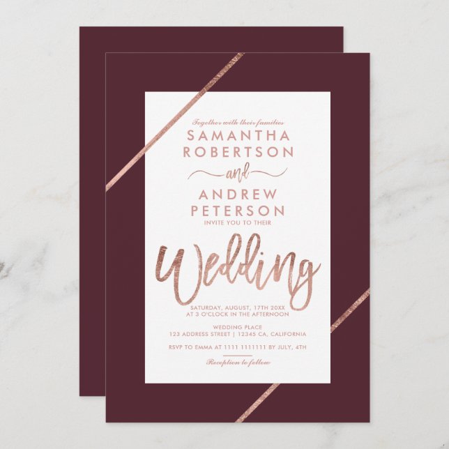 Invitation typographie or rose rayures mariage bordeaux (Devant / Derrière)