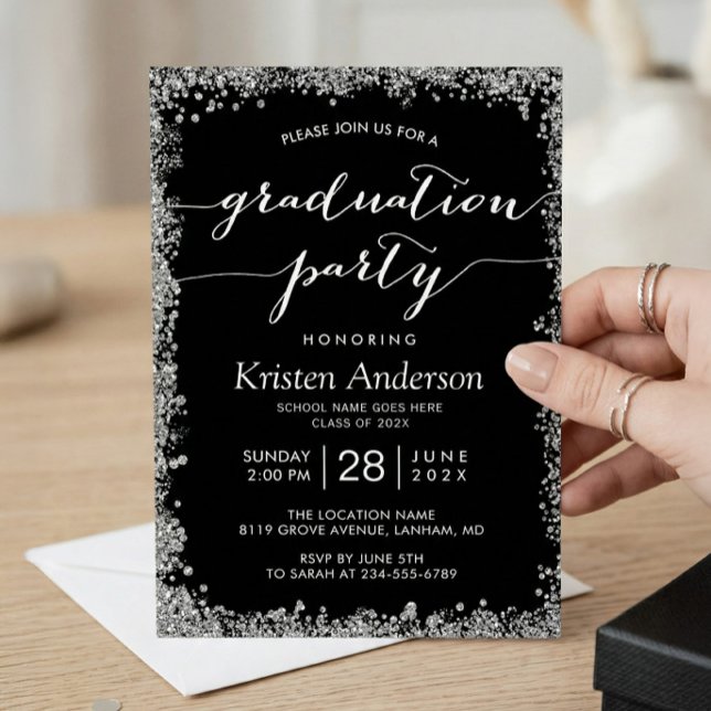 Invitation Typographie Pailletée Argent Noir Fête de Remise d (Créateur téléchargé)