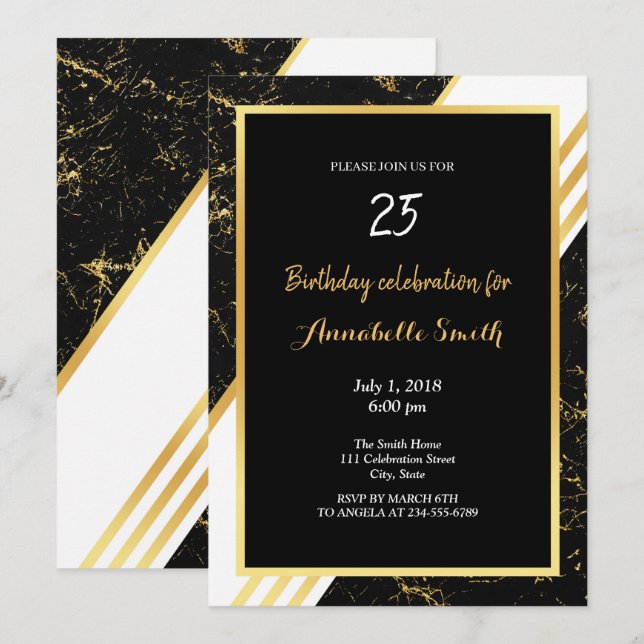 Invitation Typographie rayures marbre or noir Anniversaire (Devant / Derrière)