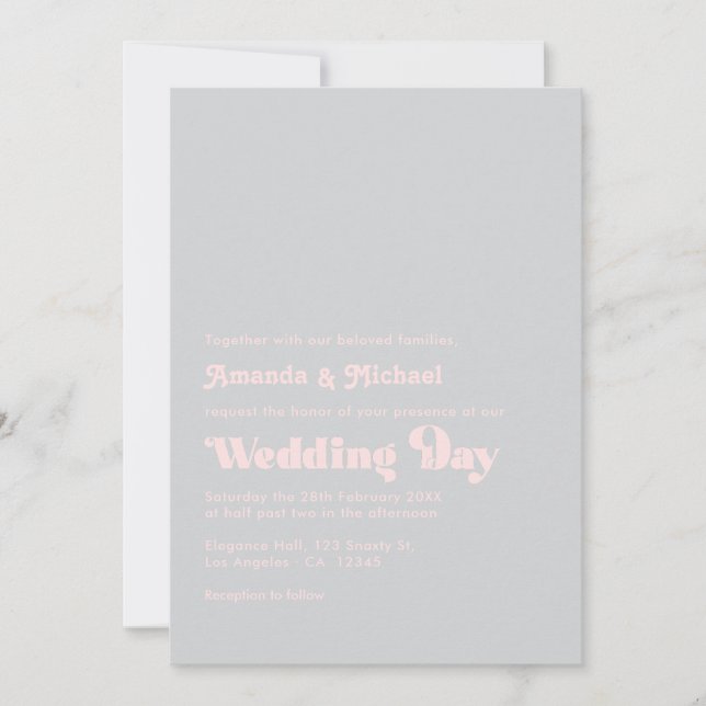 Invitation Typographie Rétro Gras Mariage Rose Pâle et Gris (Devant)