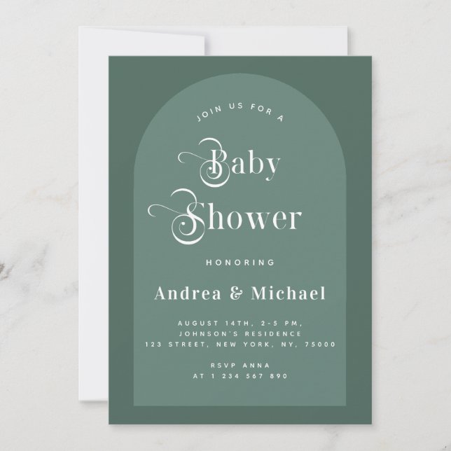 Invitation Typographie rétro Moss Green Boho Arch Baby shower (Devant)