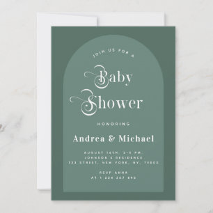 Invitation Typographie rétro Moss Green Boho Arch Baby shower