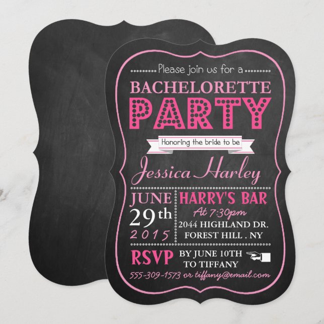Invitation Typographie rose Chalkboard Bachelorette (Devant / Derrière)