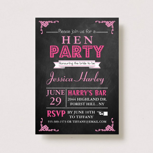 Invitation Typographie rose Chalkboard Hen Party (Créateur téléchargé)