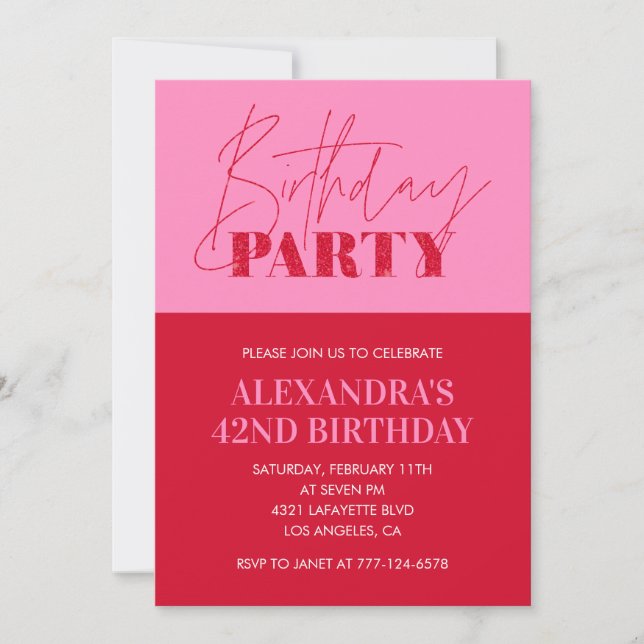 Invitation Typographie rose chic moderne fête du 42e annivers (Devant)