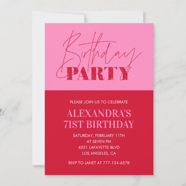 Invitation Typographie rose chic moderne pour une fête d'anni (Devant)