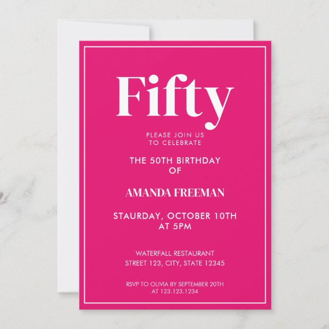 Invitation Typographie rose et blanc moderne 50e anniversaire (Devant)