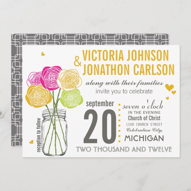 Invitation Typographie rose et jaune Mariage moderne (Devant / Derrière)