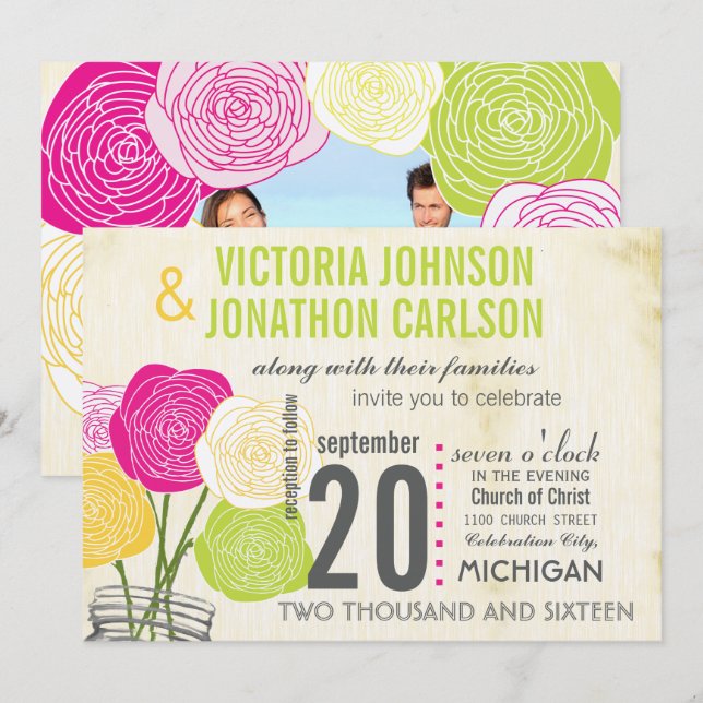 Invitation Typographie rose et verte du Rose Photo sur le dos (Devant / Derrière)