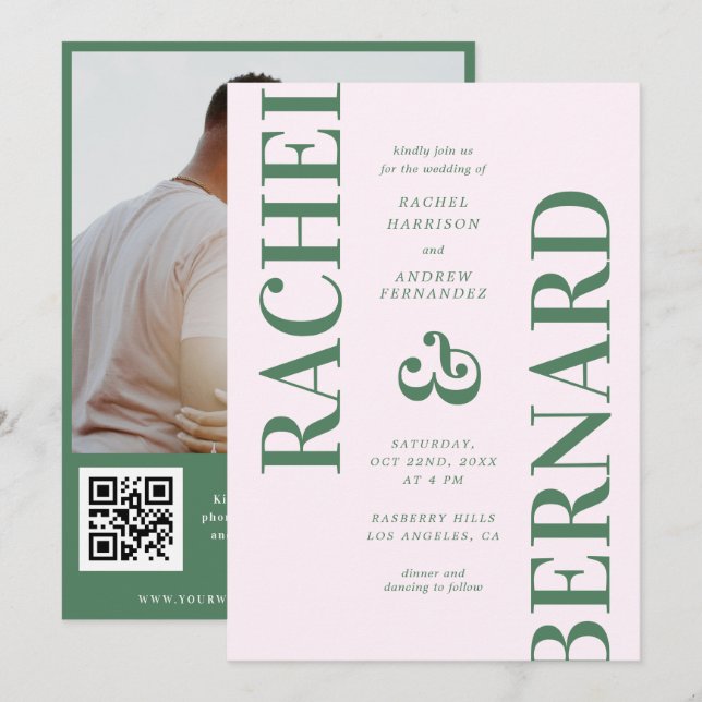 Invitation Typographie rose et verte Mariage de code QR (Devant / Derrière)