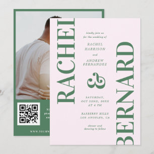 Invitation Typographie rose et verte Mariage de code QR