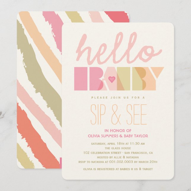 Invitation Typographie rose Girl Sip & Voir Hello Baby shower (Devant / Derrière)