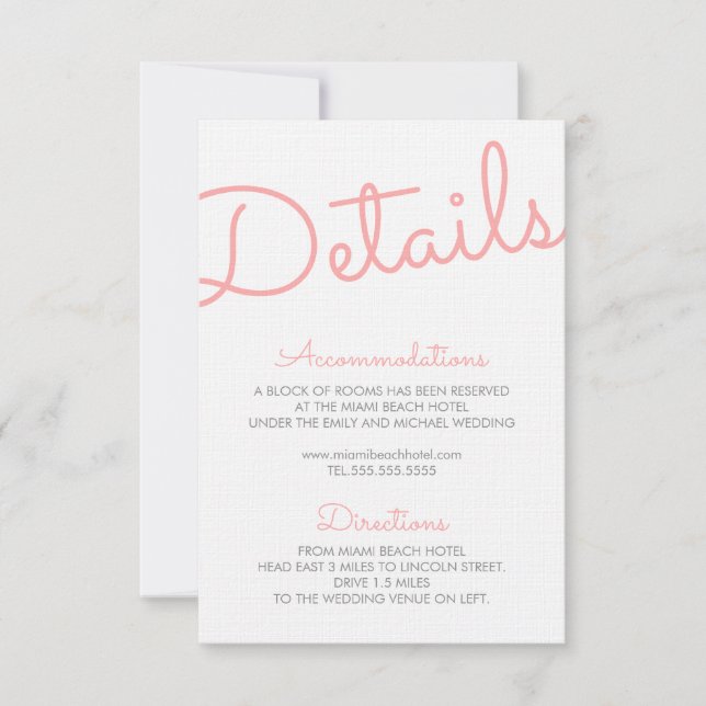 Invitation Typographie rose moderne Détails du Mariage (Devant)