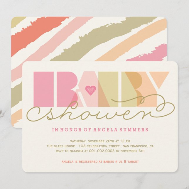 Invitation Typographie Rose Moderne Fête de Naissance Fille C (Devant / Derrière)