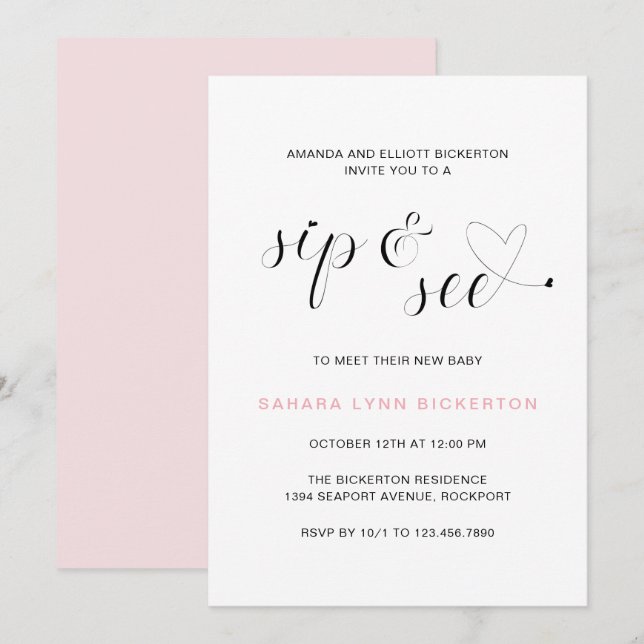 Invitation Typographie rose moderne fille Sip et voir (Devant / Derrière)