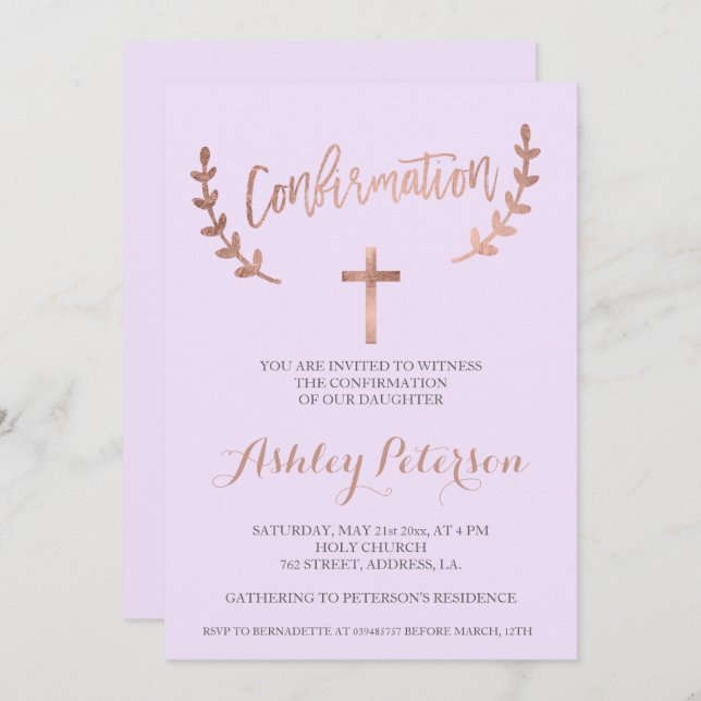 Invitation typographie rose or lavande confirmation (Devant / Derrière)