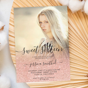 Invitation Typographie rose or rose ombre Sweet 16 photo