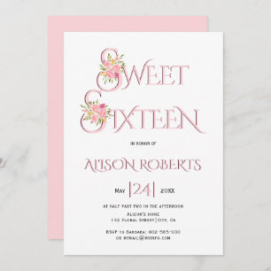 Invitation Typographie rose vif, roses roses sweet sixteen