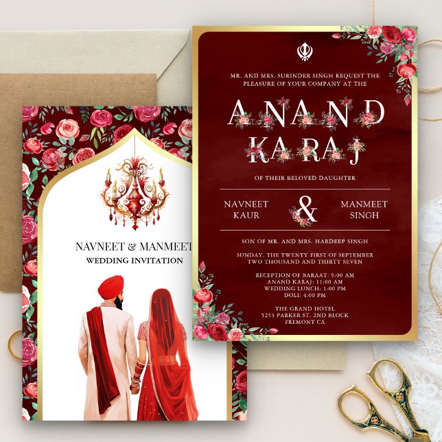 Invitation Typographie rouge bordeaux Anand Karaj mariage sik (Créateur téléchargé)