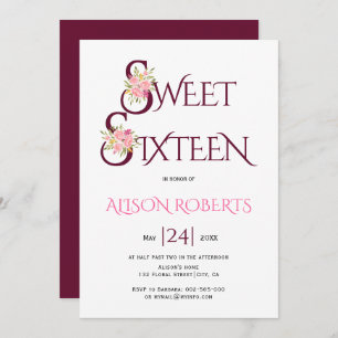 Invitation Typographie rouge Bourgogne, sweet sixteen rose ro