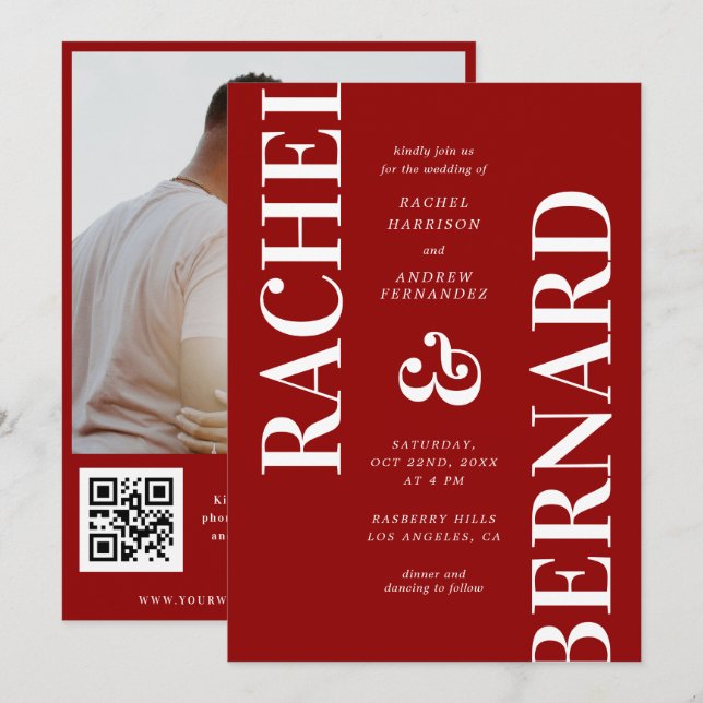 Invitation Typographie rouge Crimson élégant Mariage de code  (Devant / Derrière)
