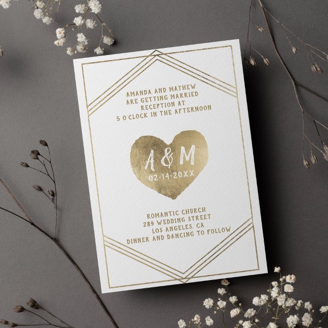 Invitation Typographie rustique coeur d'or mariage géométriqu (Rustic typography gold heart geometrical wedding )