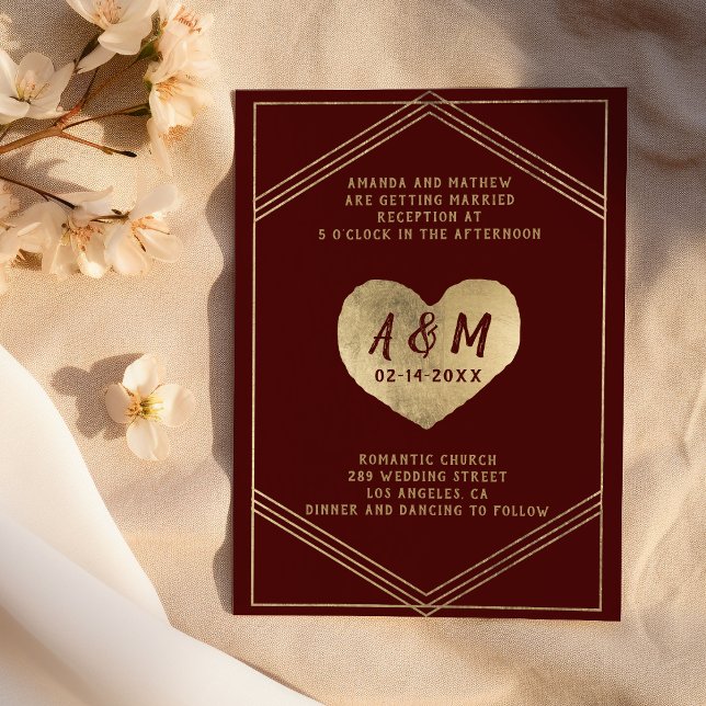Invitation Typographie rustique or coeur bordeaux mariage (Rustic typography gold heart burgundy wedding)