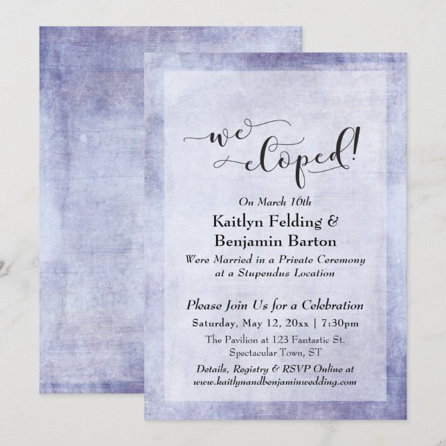Invitation Typographie Rustique Violet Nous nous sommes enfug (Devant / Derrière)
