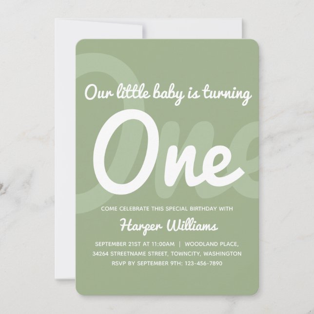 Invitation Typographie Sage One Baby 1er anniversaire Invitat (Devant)