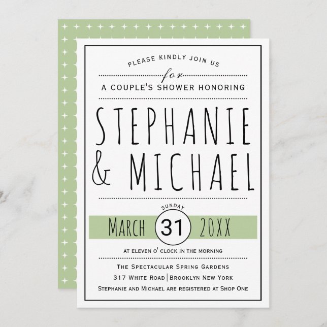 Invitation Typographie sauge vert mariage douche couple (Devant / Derrière)